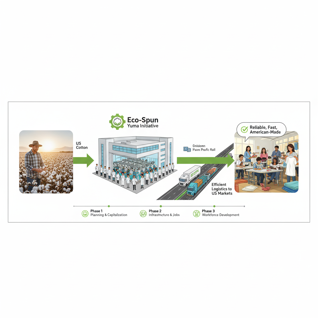 Eco-Spun Yuma Initiative supply-chain diagram: U.S. cotton field to spinning facility to rail logistics to American-made products