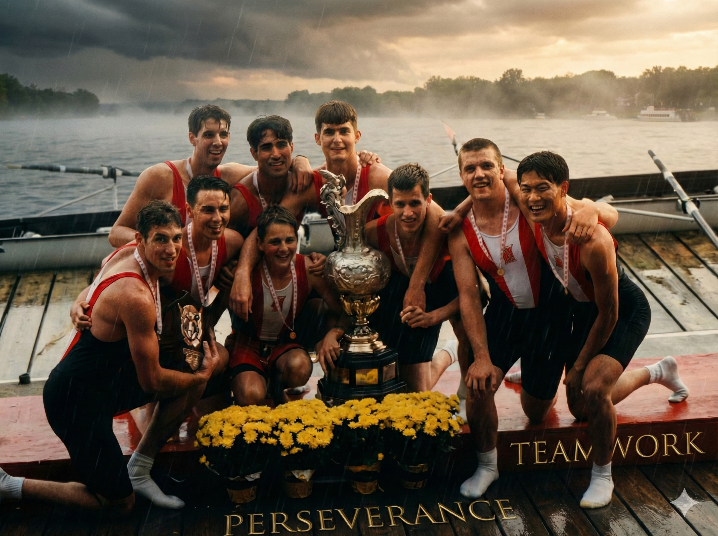 Victorious rowing crew in the rain